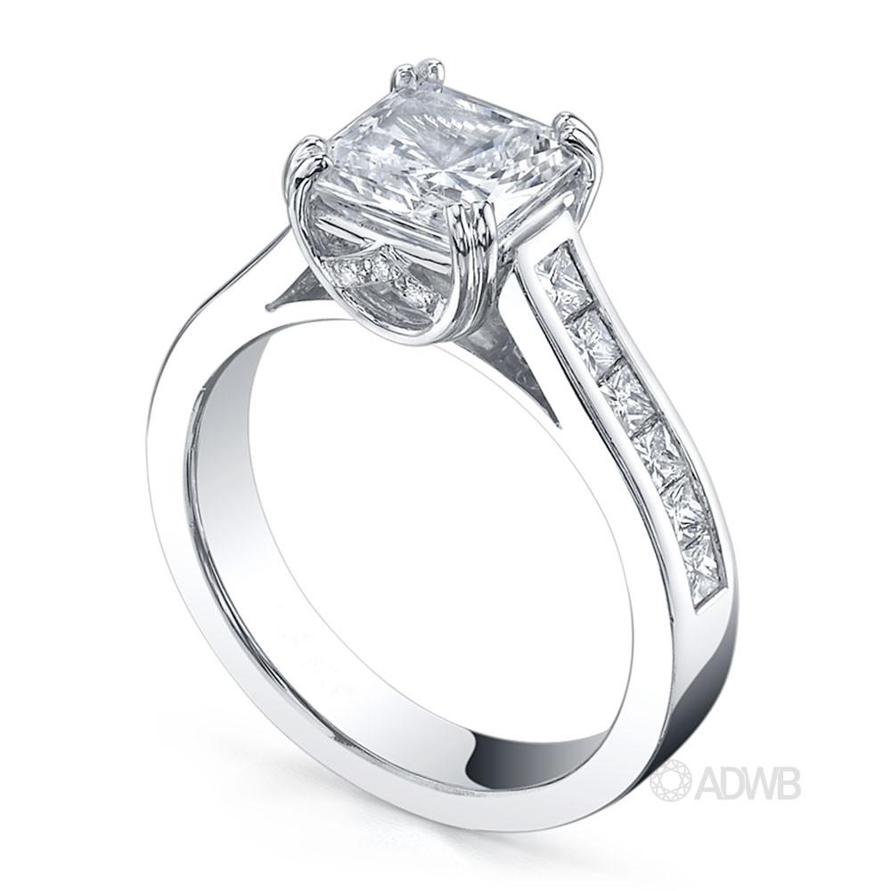 Double prong cushion cut ring with channel set princess cut diamonds