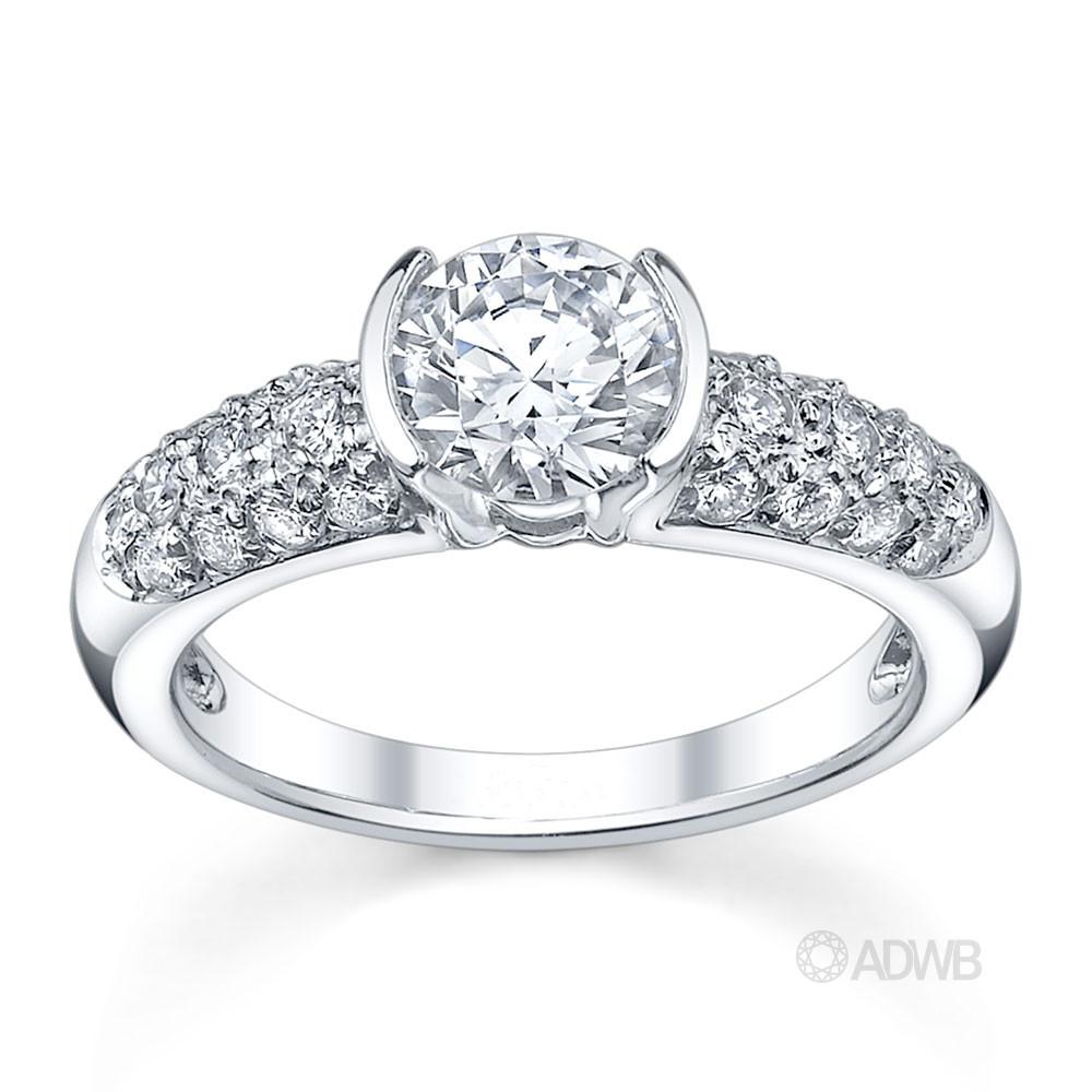 Australian Diamond Broker - Half bezel set round brilliant cut diamond solitaire ring with pave set band