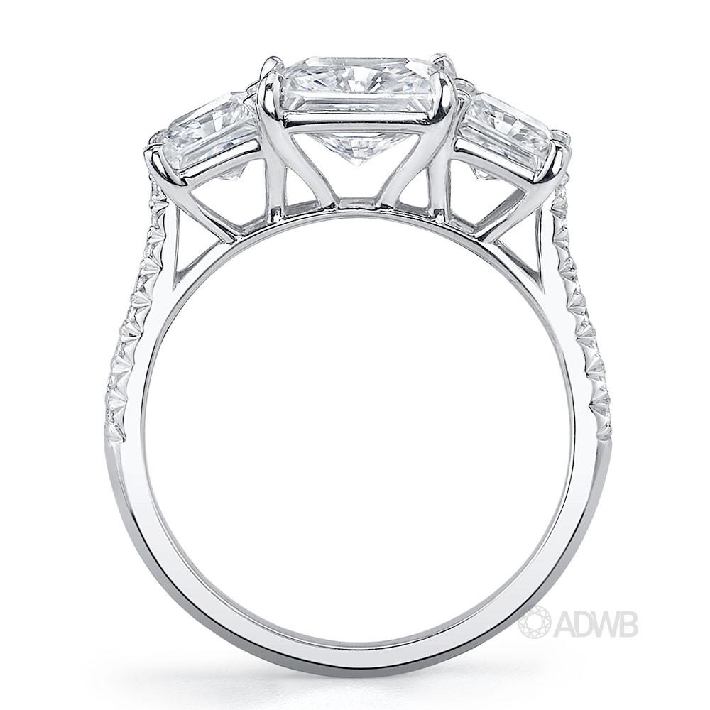 Classic 3 stone princess cut diamond ring with french pave set diamond band