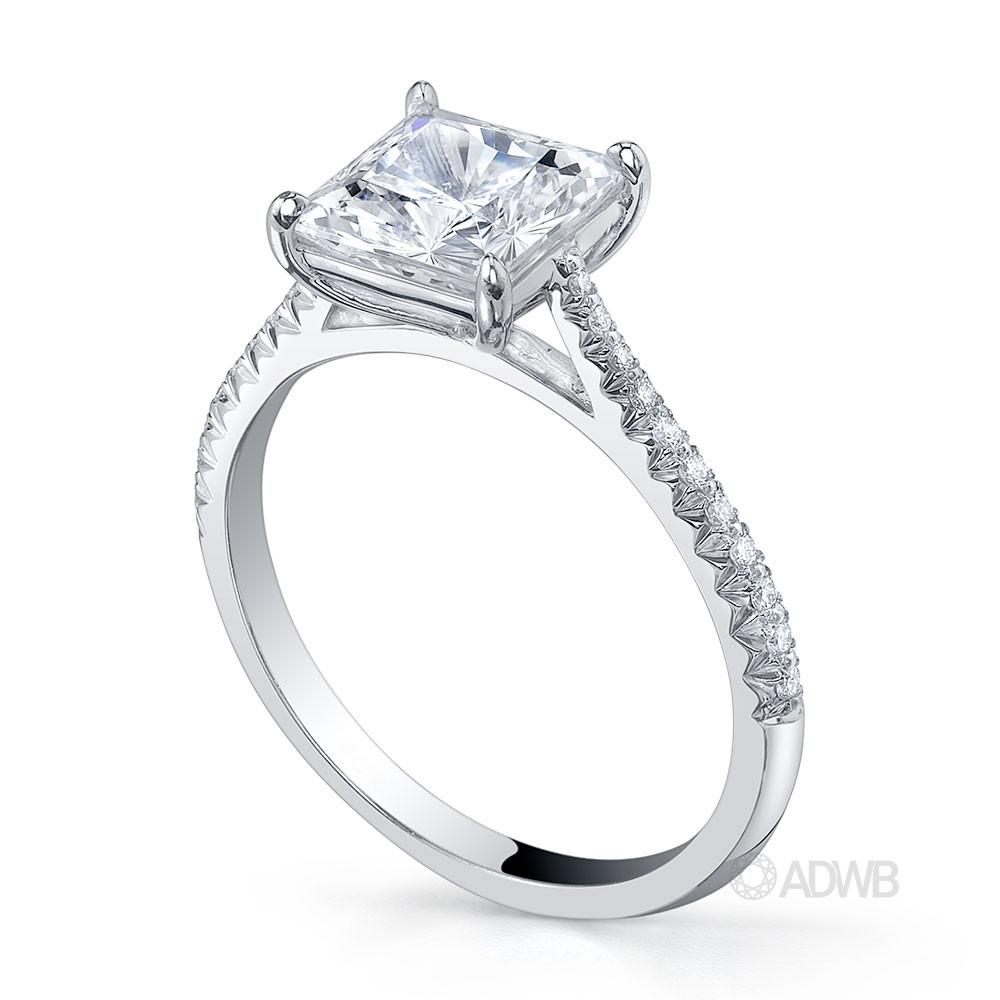 Traditional princess cut diamond ring with micro pave set tapered band
