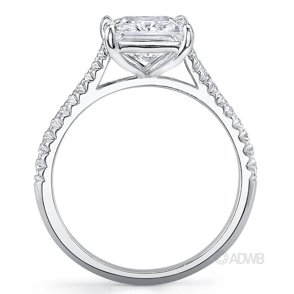 Traditional princess cut diamond ring with micro pave set tapered band