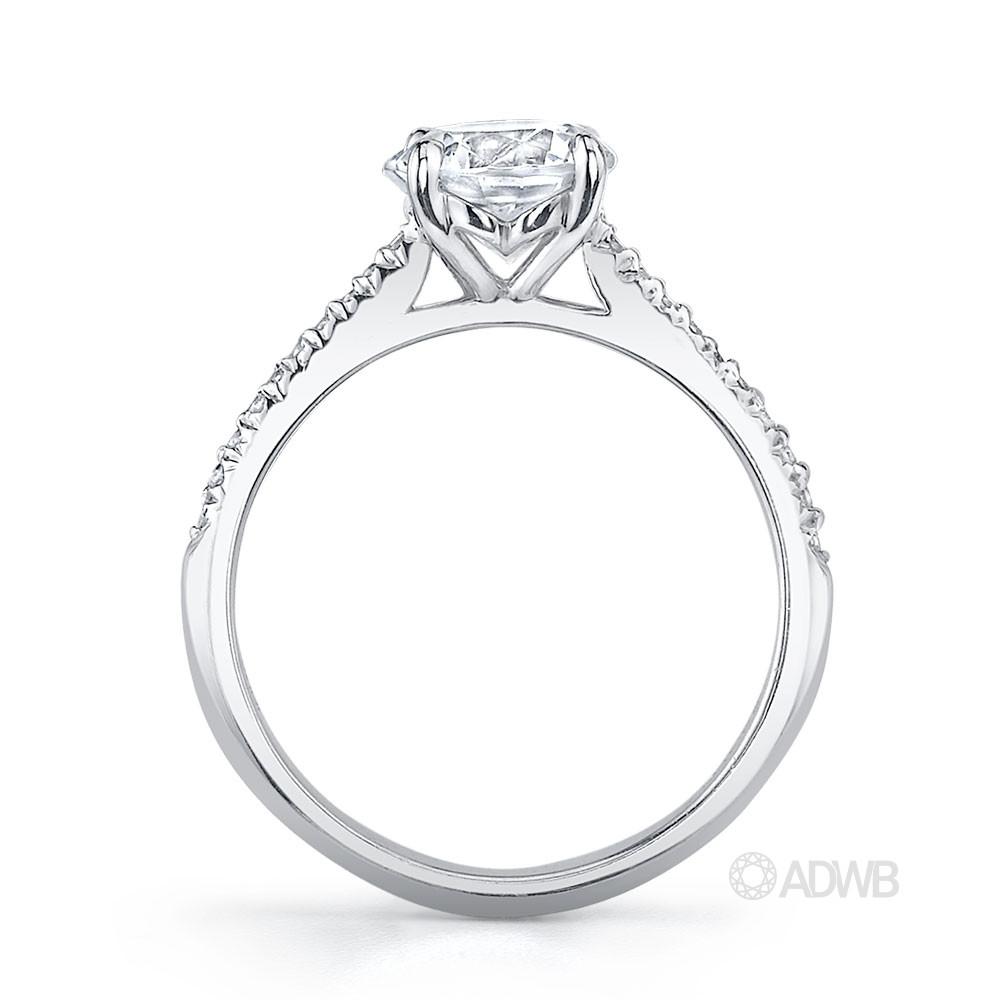 Emily round brilliant cut diamond solitaire ring with micro pave set diamond band