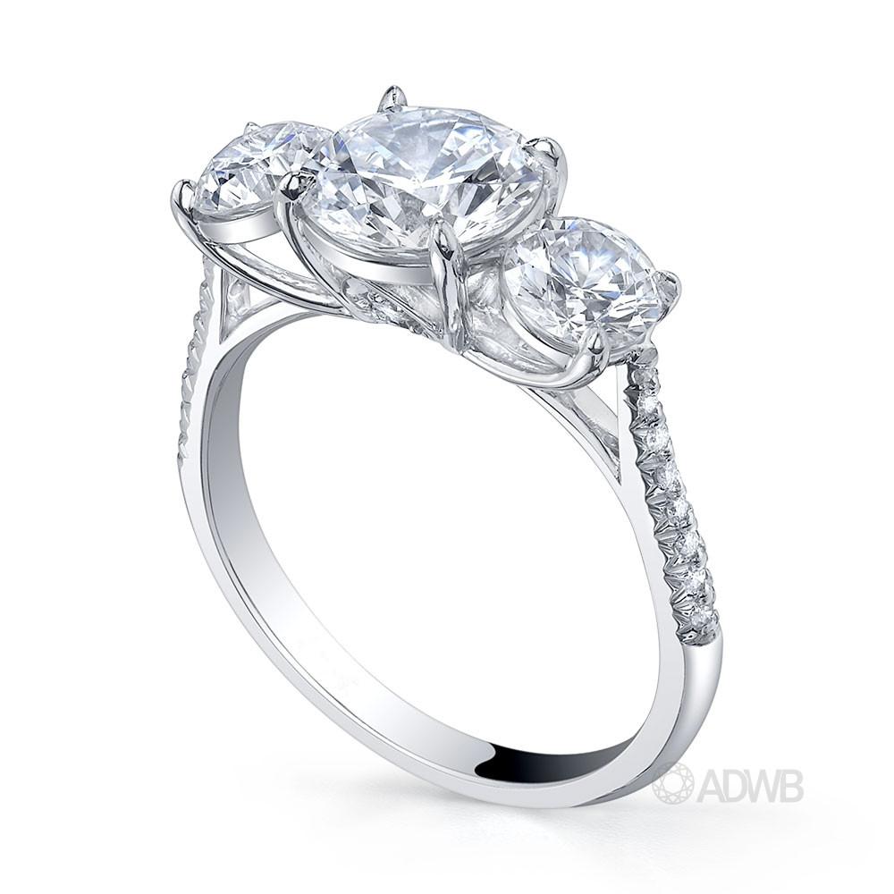 Serenity 3 stone round brilliant cut diamond ring- micro pave set diamond band