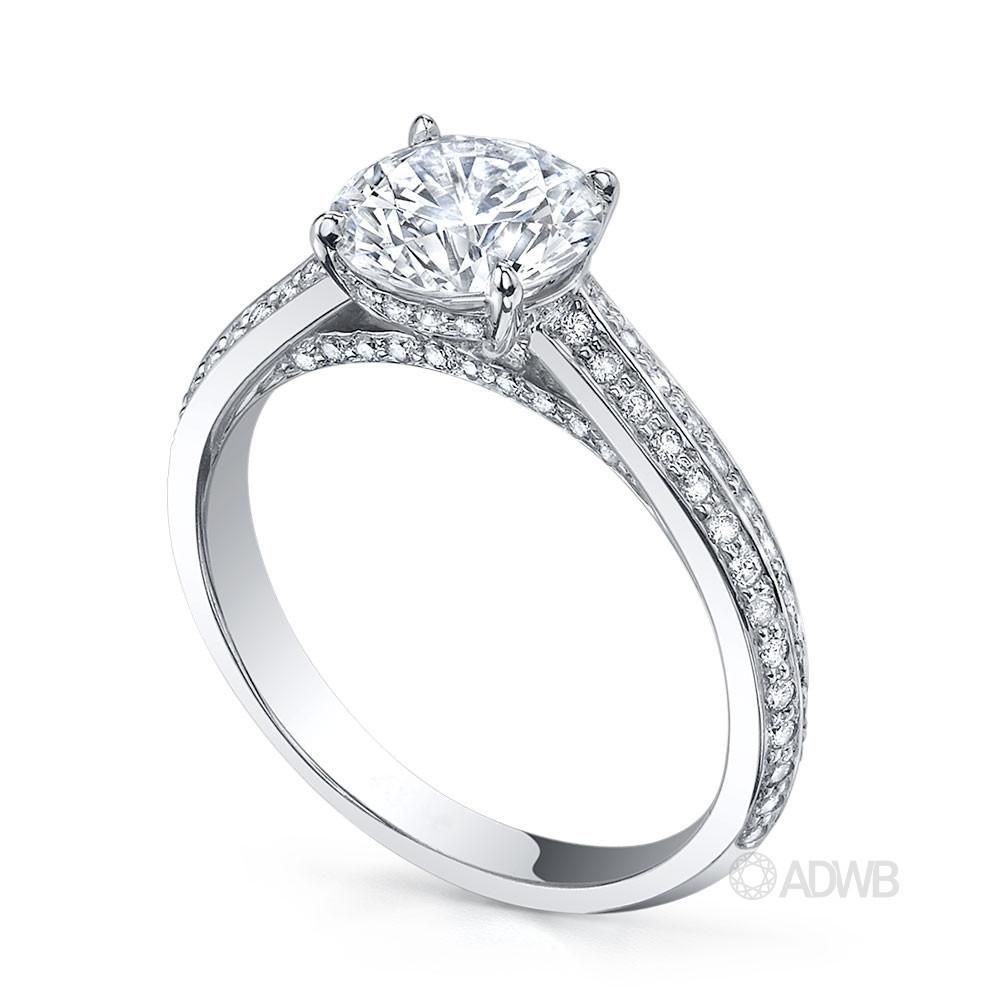 Milan 4 claw diamond solitaire ring with diamond grain set coronet and grain set diamond knife edge band