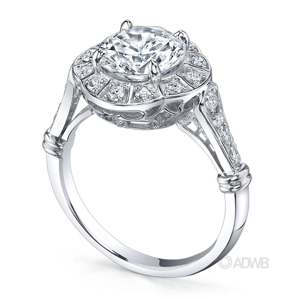 Art deco style round brilliant cut diamond halo ring