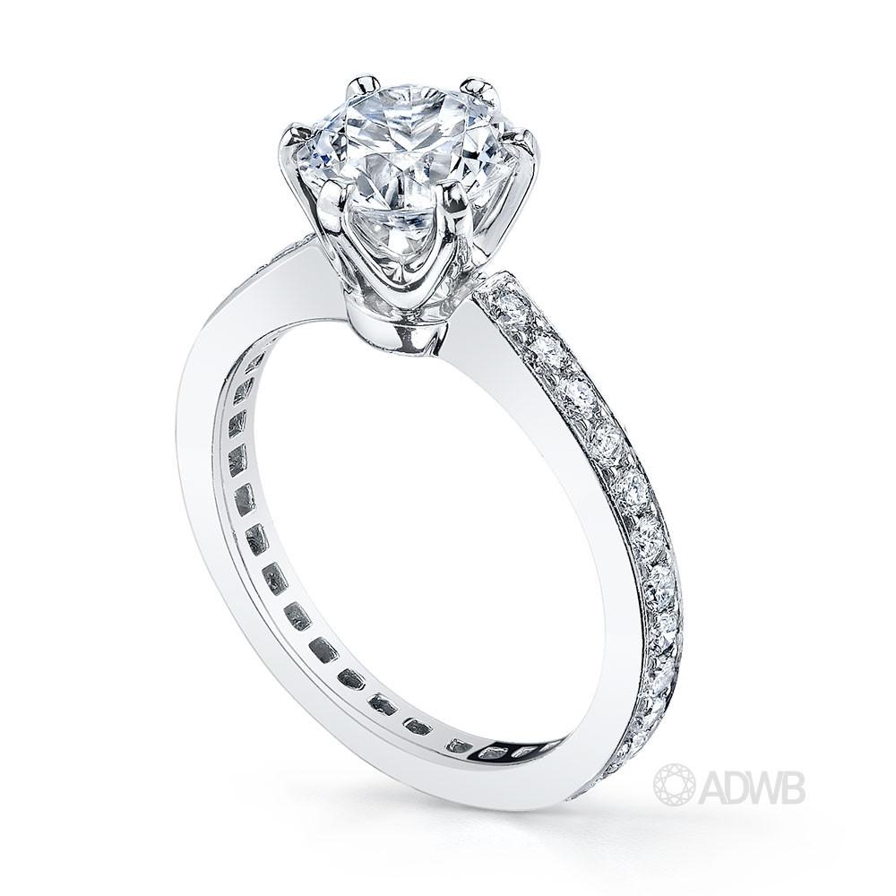 Tiff 6 claw round brilliant cut diamond solitaire ring with full circle grain set diamond band