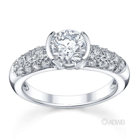 Australian Diamond Broker - Half bezel set round brilliant cut diamond solitaire ring with pave set band